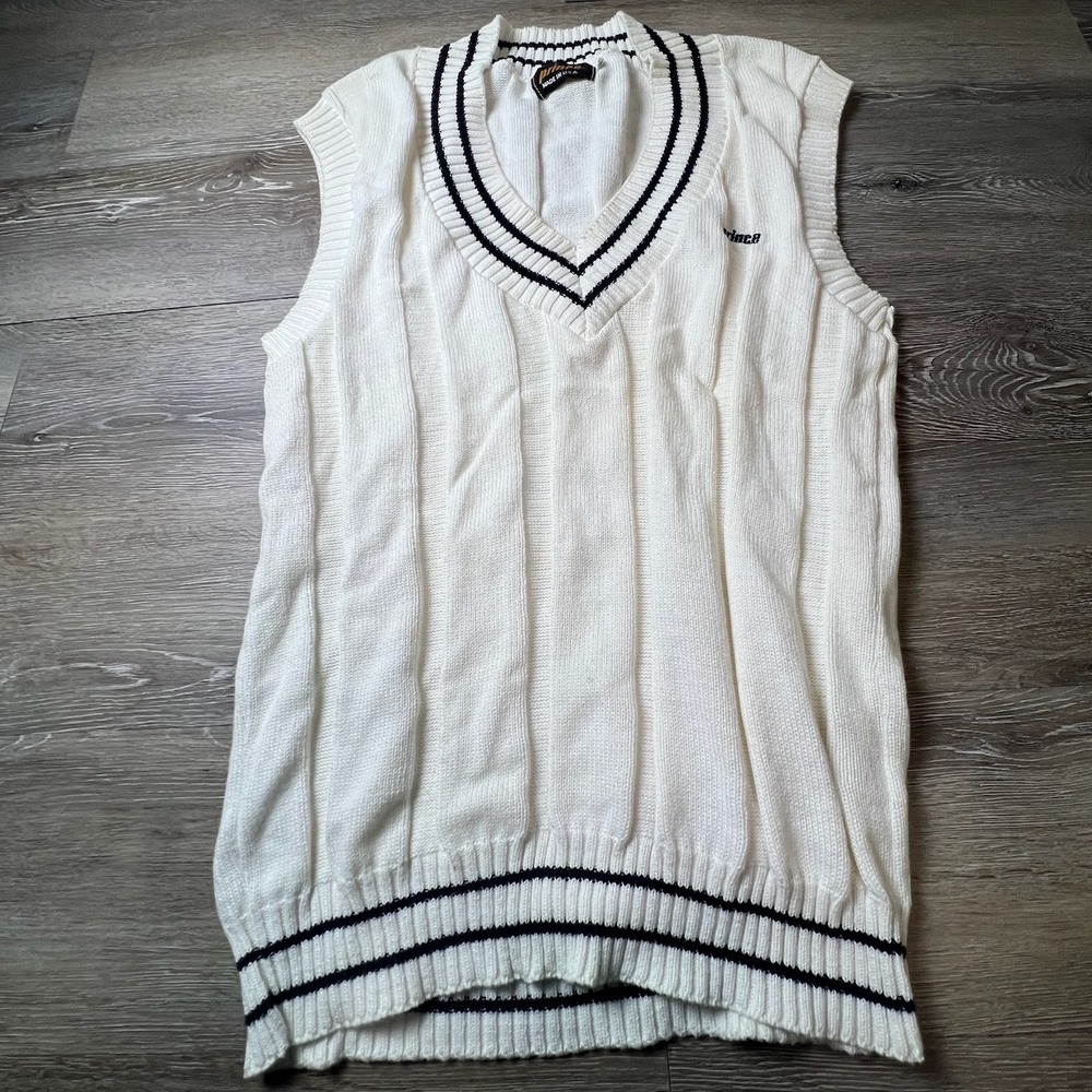Prince Sweater Vest Mens L White Navy Blue Tennis V-Neck Cable Knit Made in USA